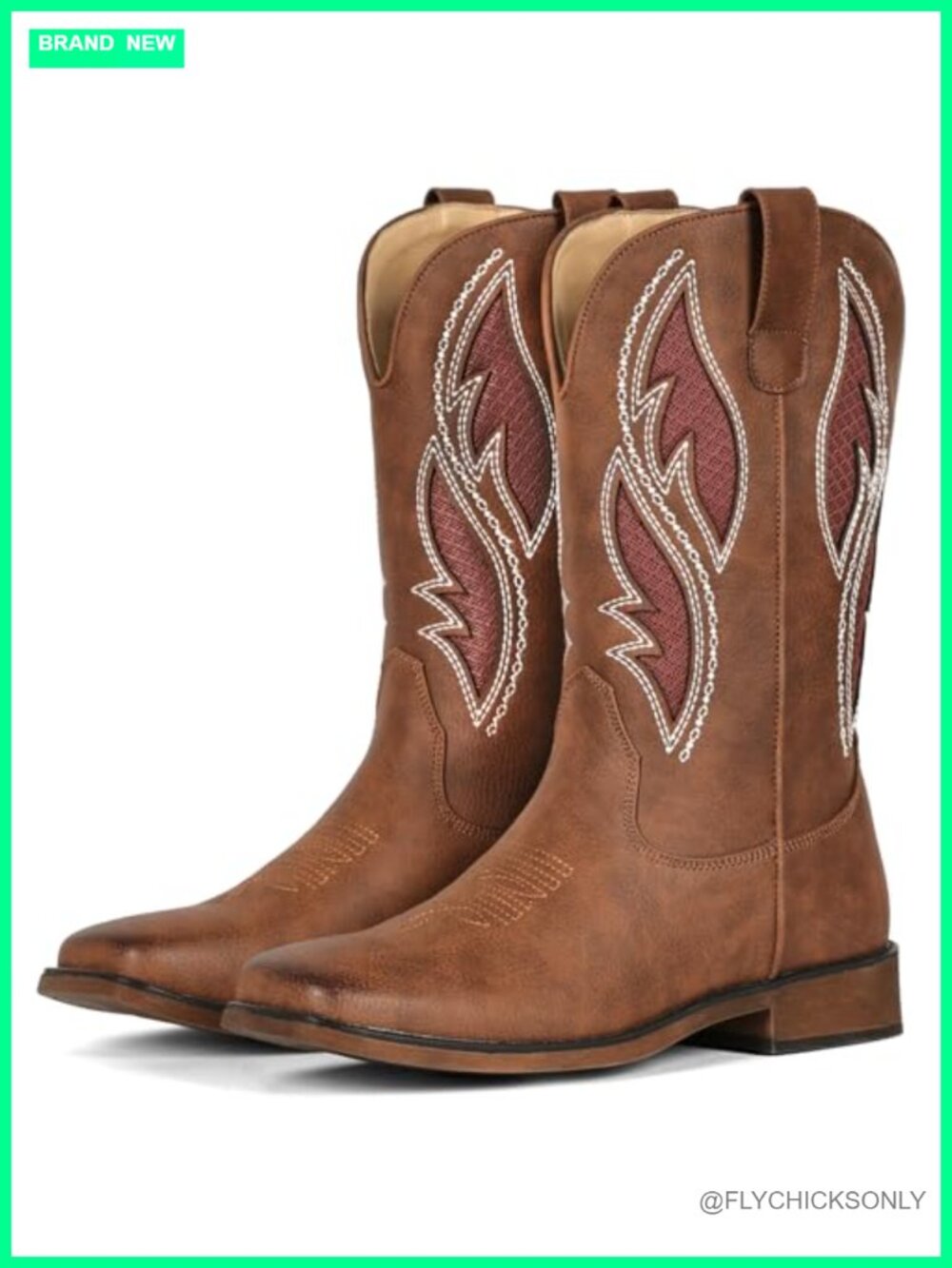IUV Cowboy Boots for Women Faux Leather Square Toe Pull-On Mid-Calf Western